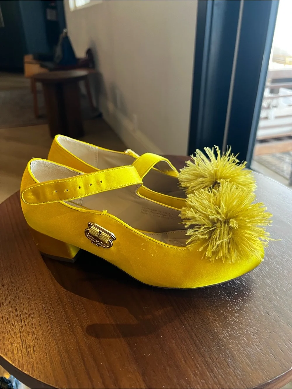 Kids Yellow Pom Mary Jane Heels